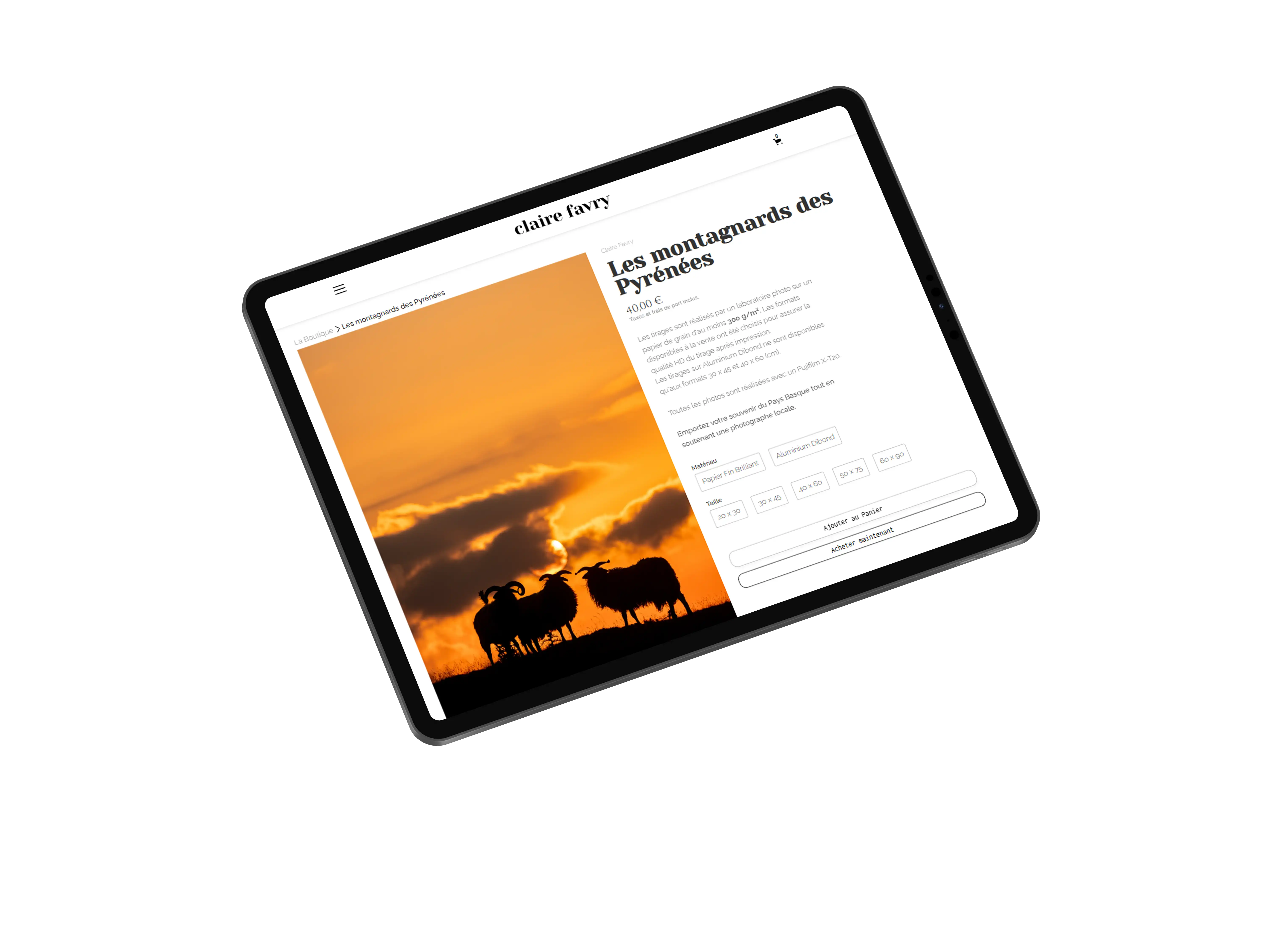 Version tablette du site vitrine de Claire Favry, design réalisé par Ilun