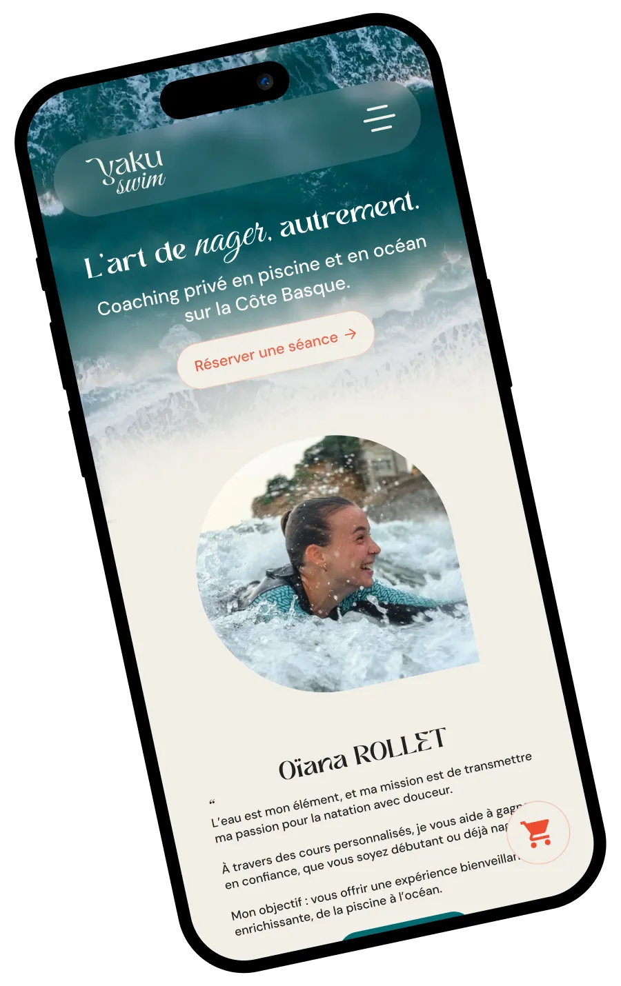 Mockup iPhone du site web Yaku Swim, design responsive réalisé par Ilun