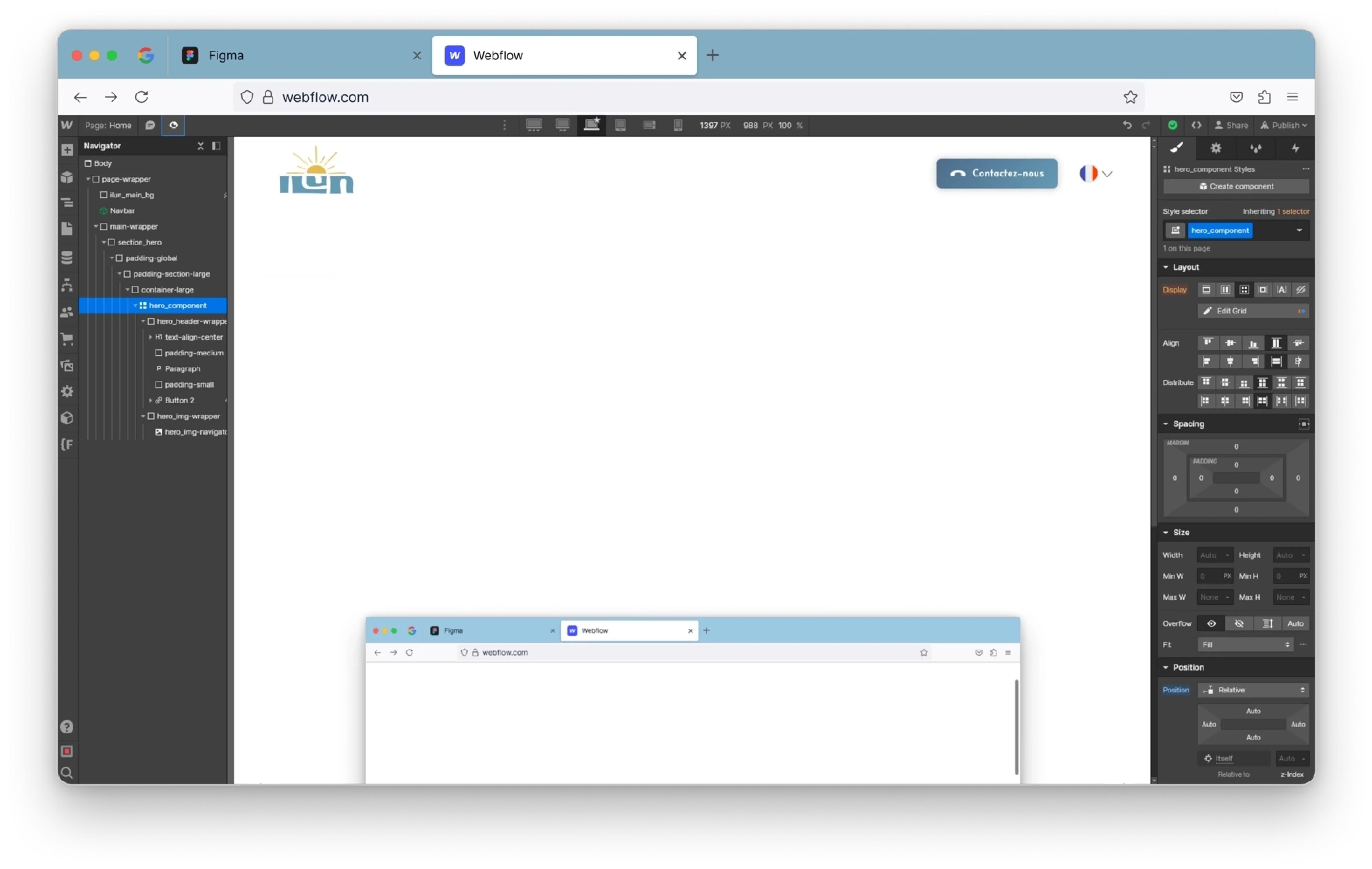 Capture d'écran d'un navigateur avec deux onglets - Figma et Webflow, les outils de conception et de développement web.